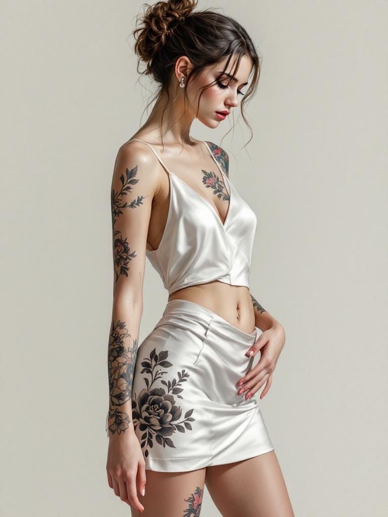 Elegant Tattooed Woman in Geometric Botanical Frame