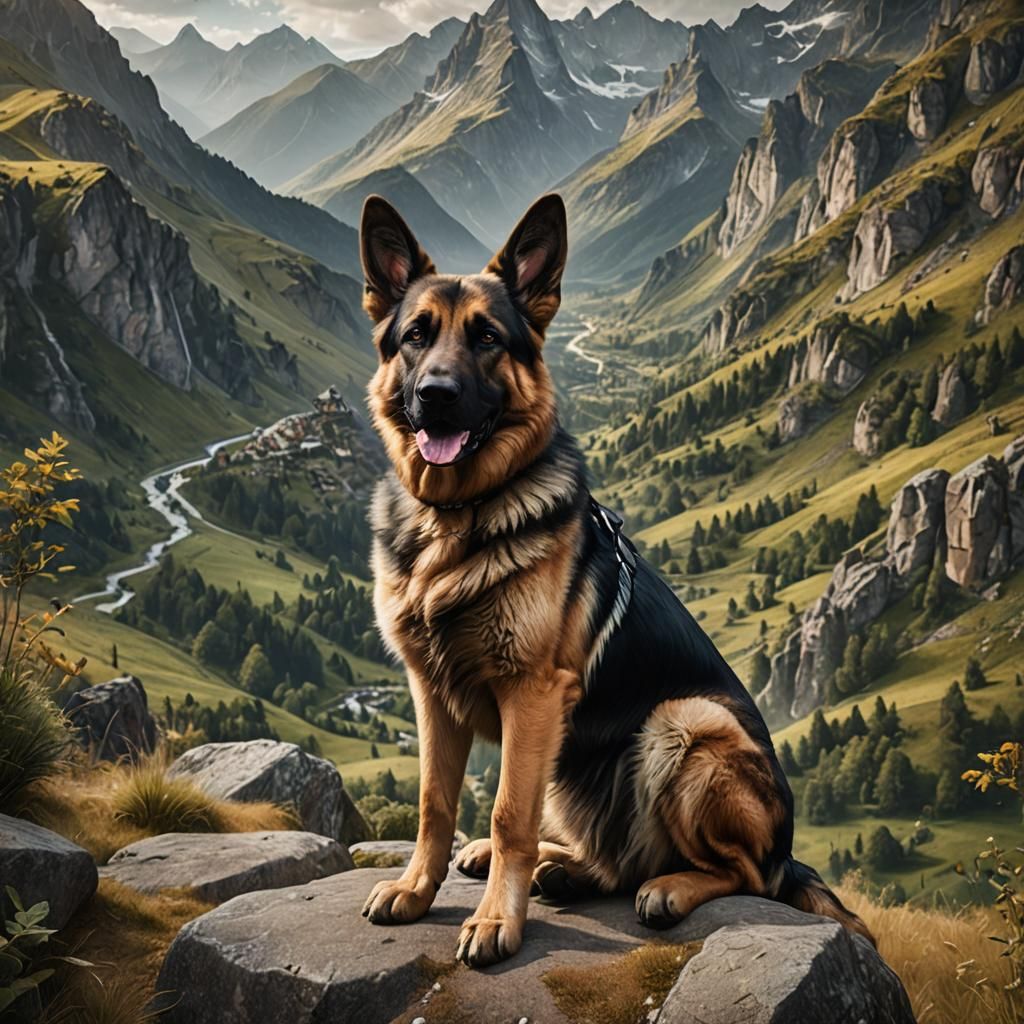 Photorealistic German Shepherd in Mountain Landscape