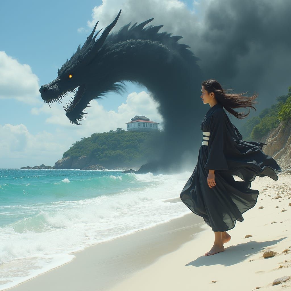Woman in Black Kimono Defies Gravity on Turbulent Beach, wit...