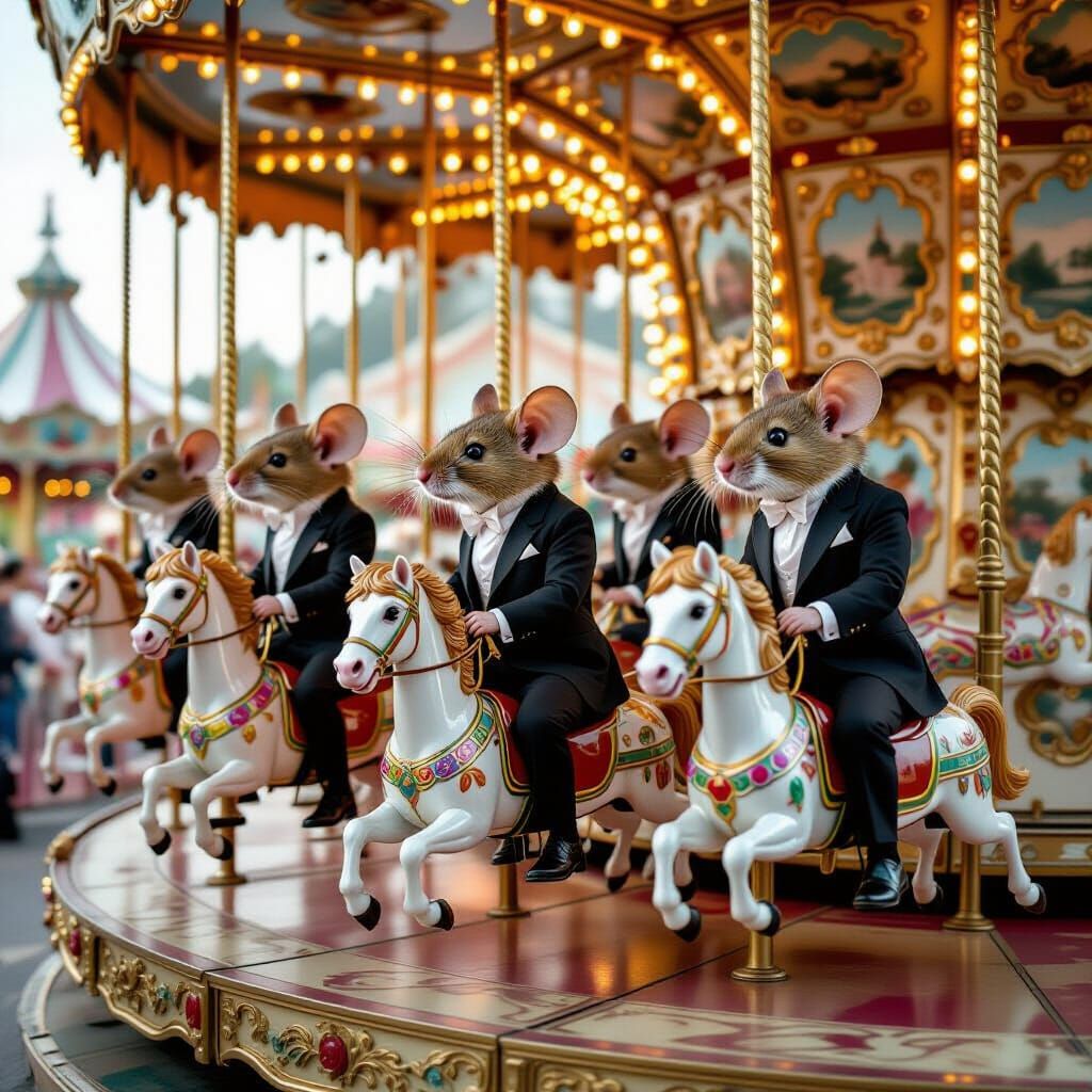 Victorian Mice on Whimsical Carousel in Vintage Style
