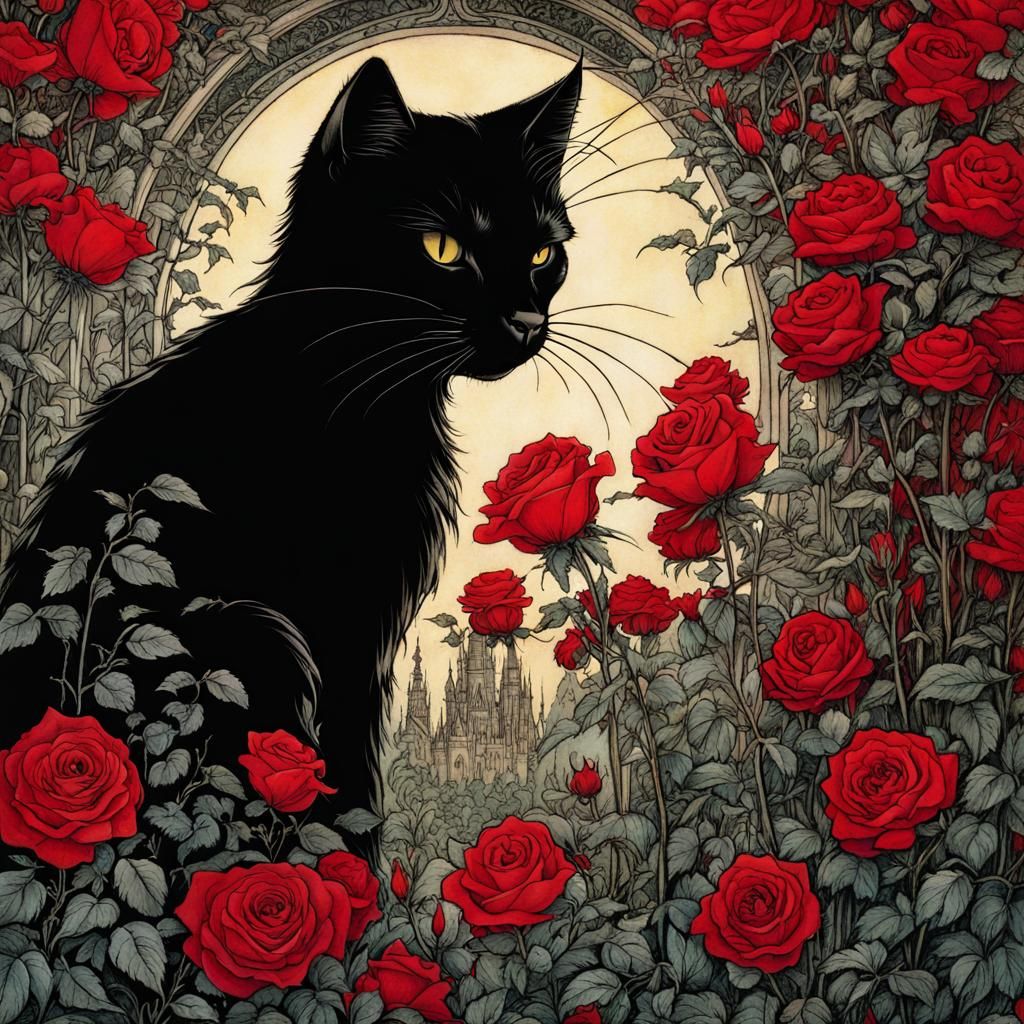 Magical Black Cat in Radiant Rose Garden