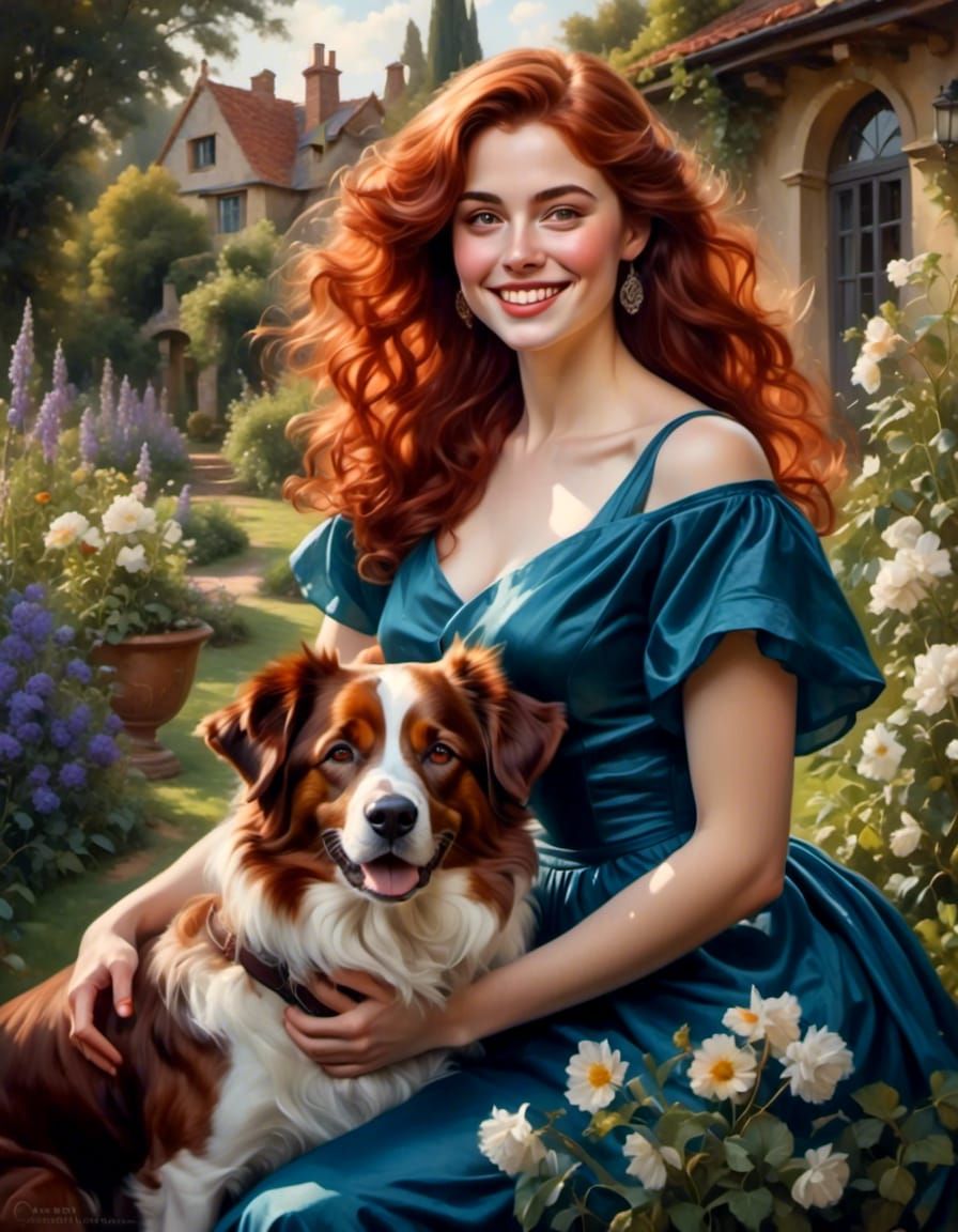 Joyful Woman with Dog in Mystical Garden Portrait