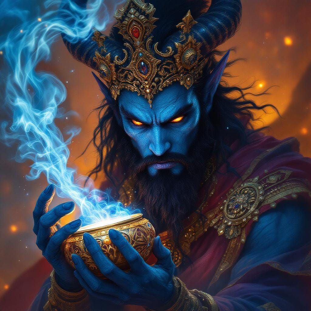 Djinn with Ornate Vessel Exuding Cosmic Energy