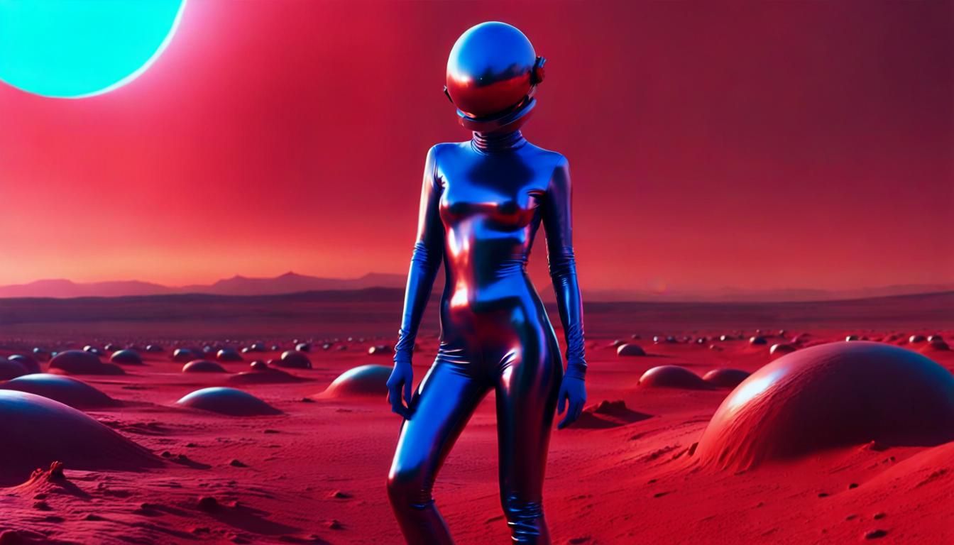 Woman in Latex Suit on Alien Planet