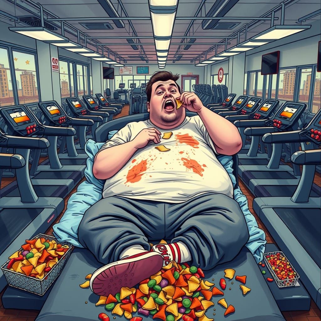 Humorous Gym Scene in Whimsical Style