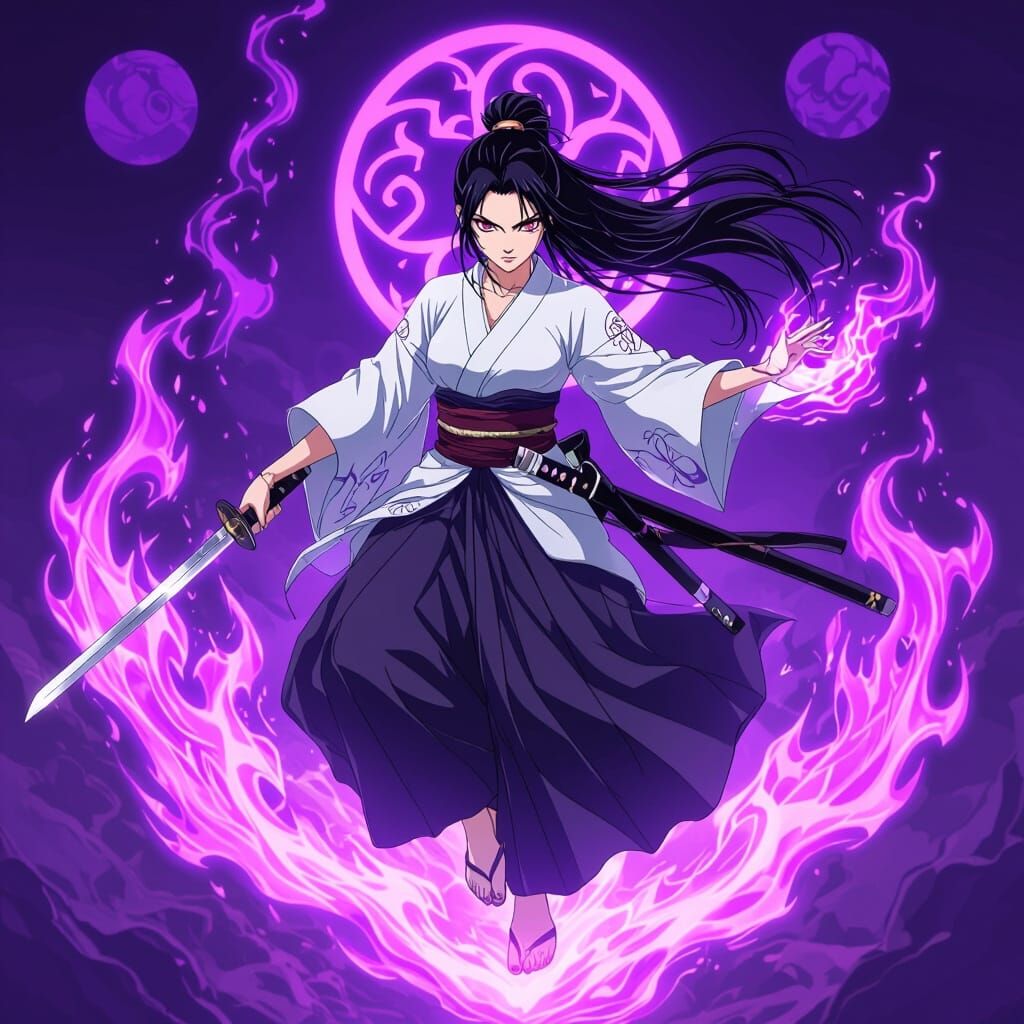 Intense Anime Samurai Warrior in Purple Flames