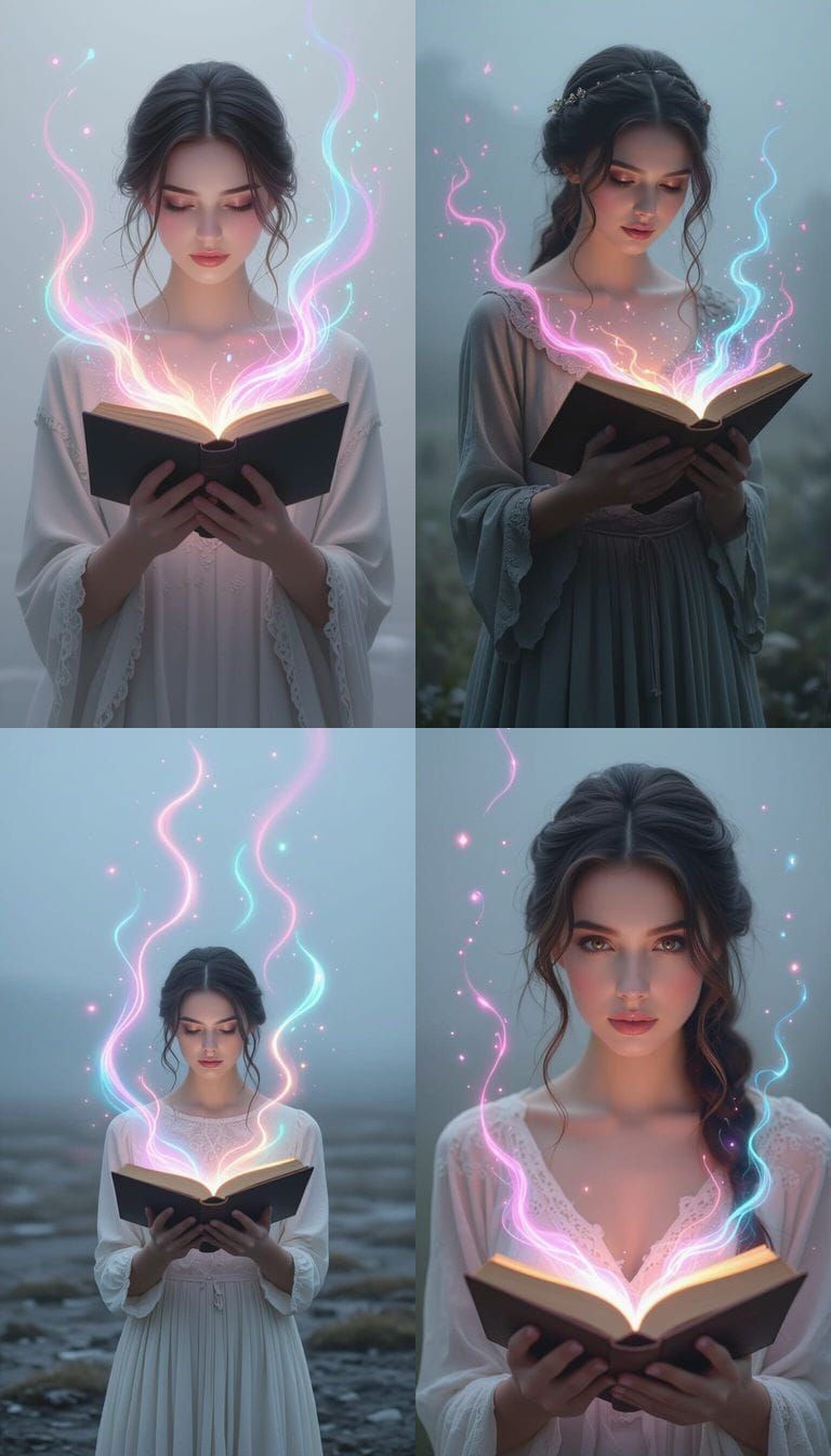 Sad Woman in Mist with Glowing Magical Book