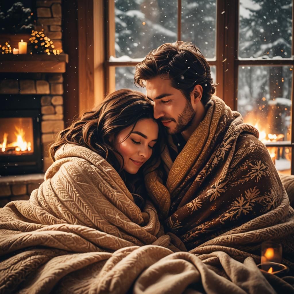 Cozy Winter Scene: Couple Snuggling by Fireplace