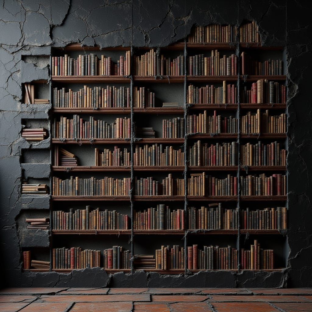 Cracked Library Wall Reveals Colorful Books