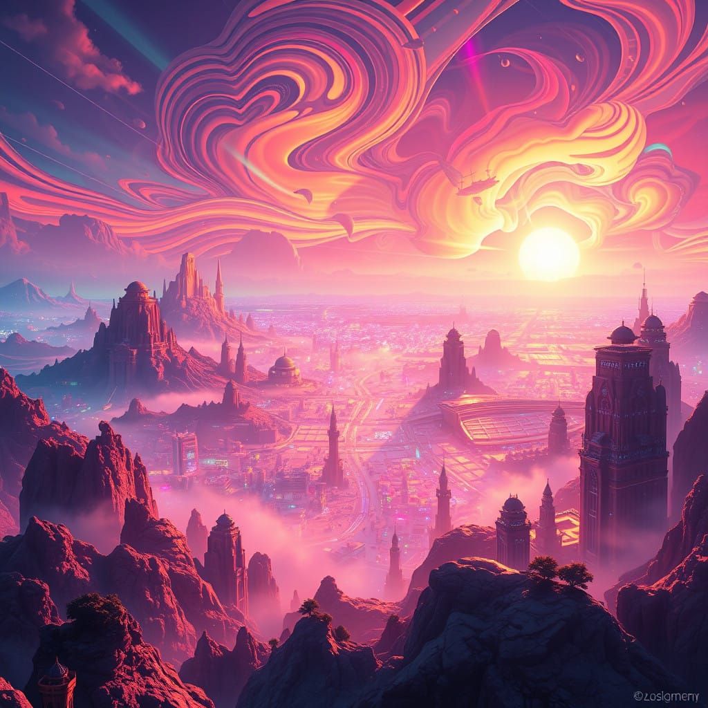 Utopian Dreamscape in Vibrant Iridescent Light