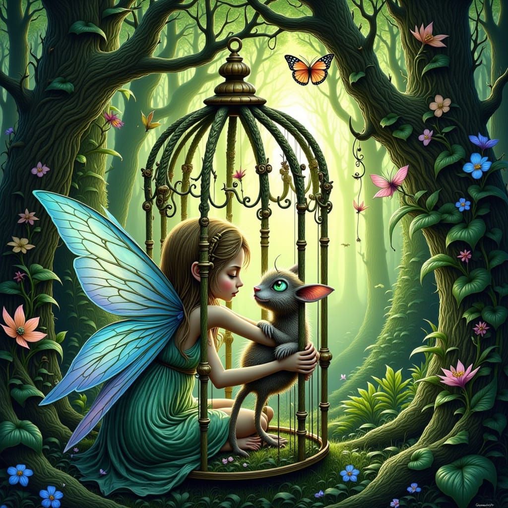 Fairy and Pet Trapped in Forest Birdcage