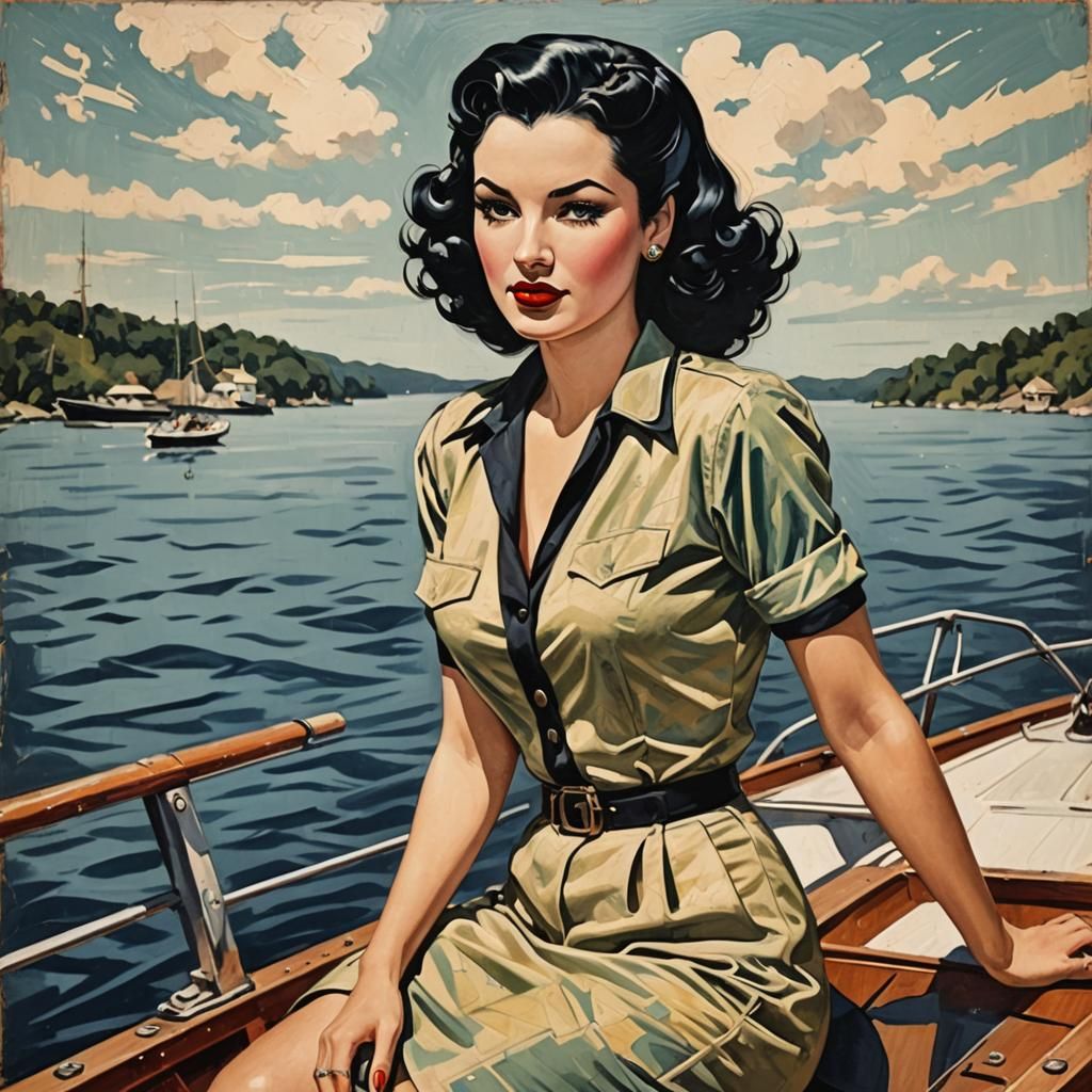 1930s Pinup Girl on Boat in Abstract Art Style