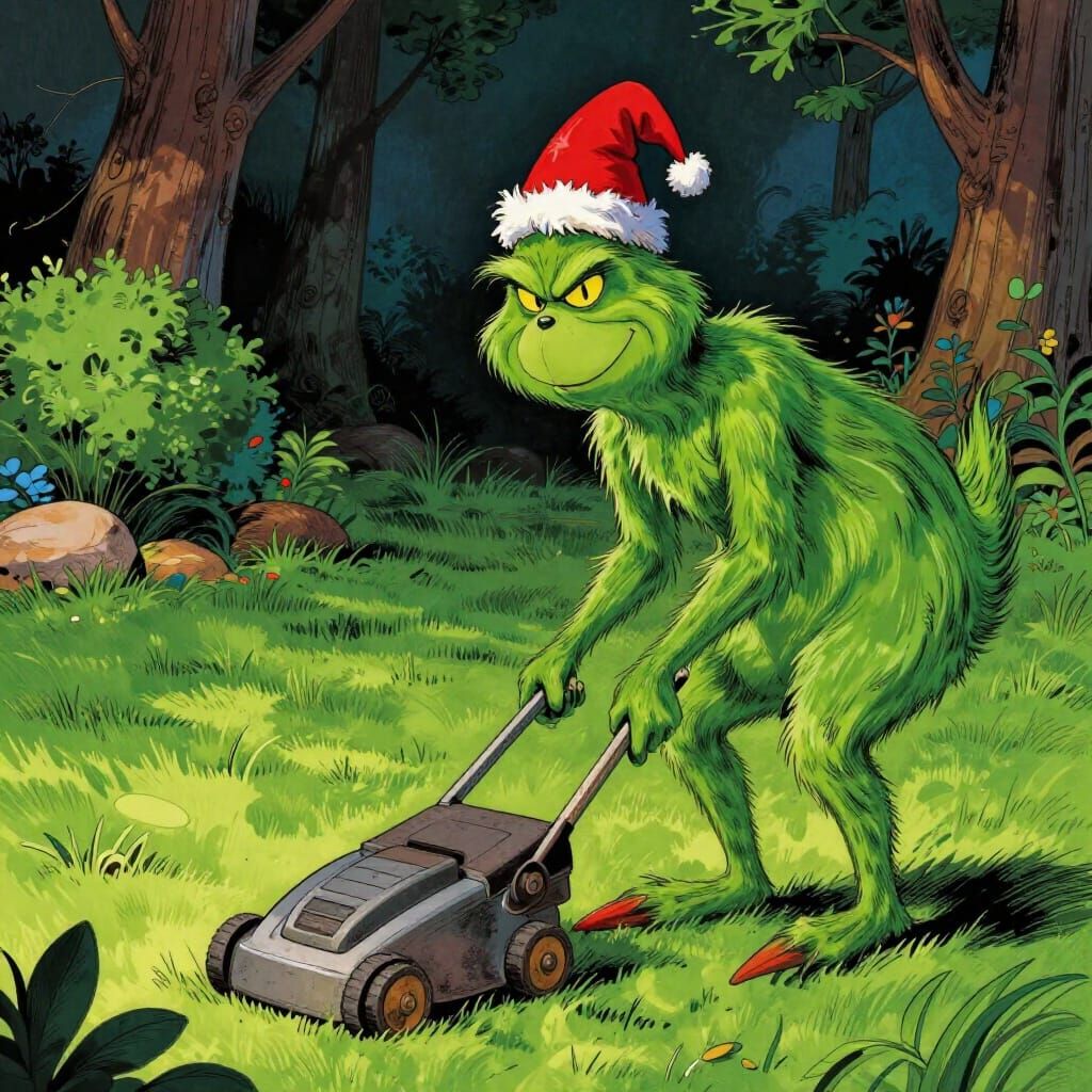 The Grinch Mows a Perfect Lawn in Whimsical Style