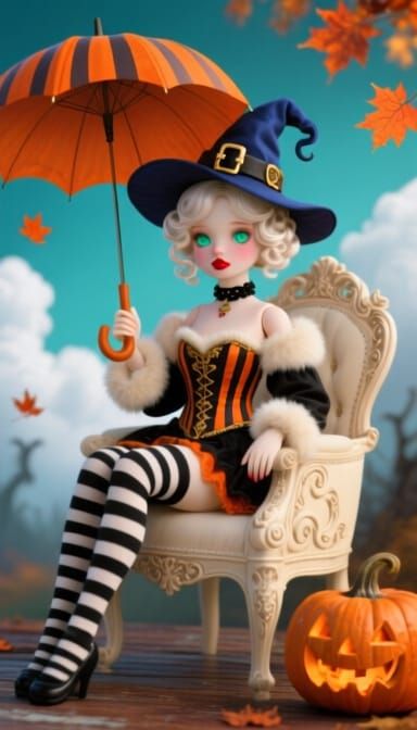 Whimsical Halloween Doll Woman with Pumpkin Parasol