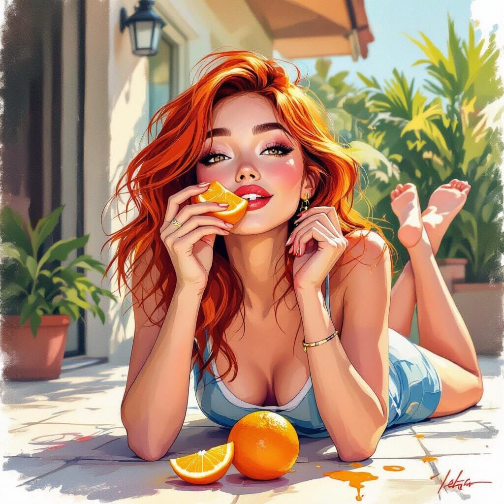 Red-Haired Woman Enjoys Orange on Sunny Patio
