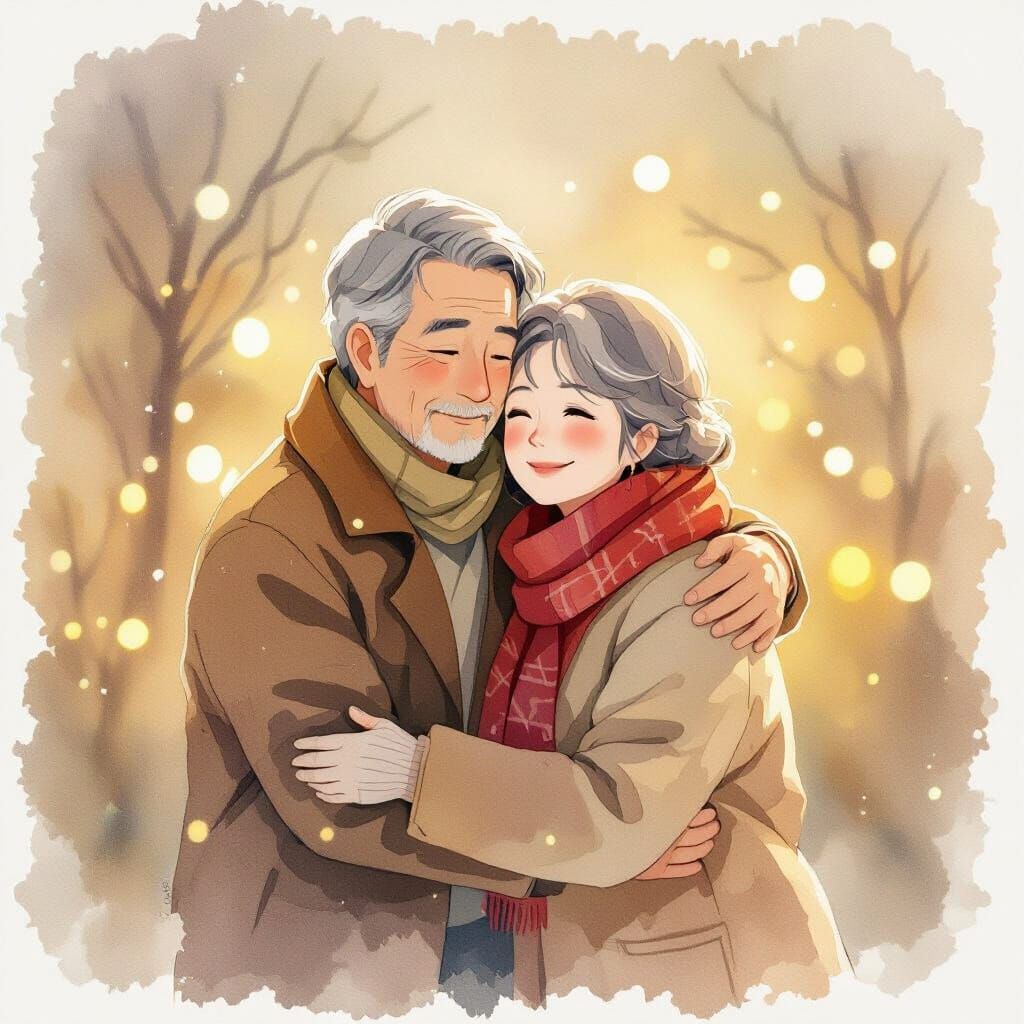 Elderly Couple's Tender Embrace in Anime Style