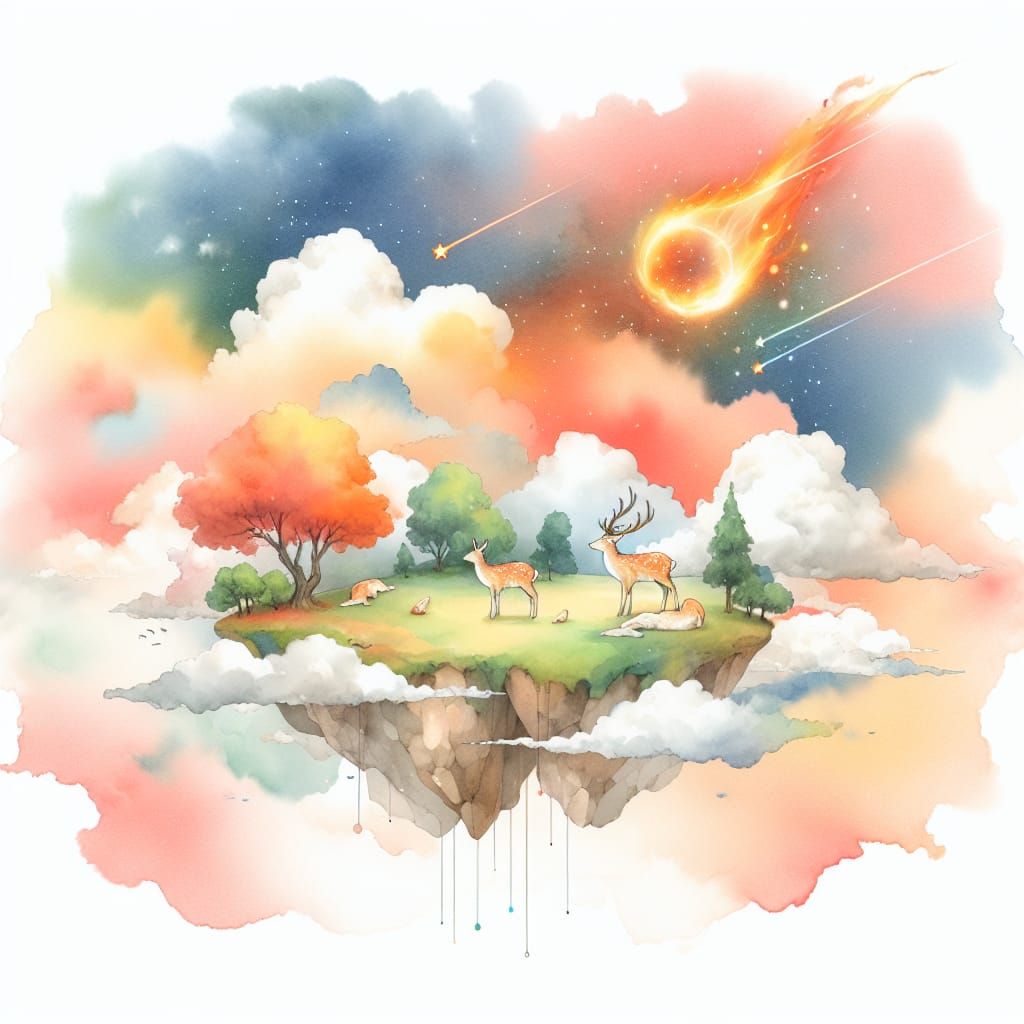 Whimsical Floating Island with Mystical Deer in Watercolor S...
