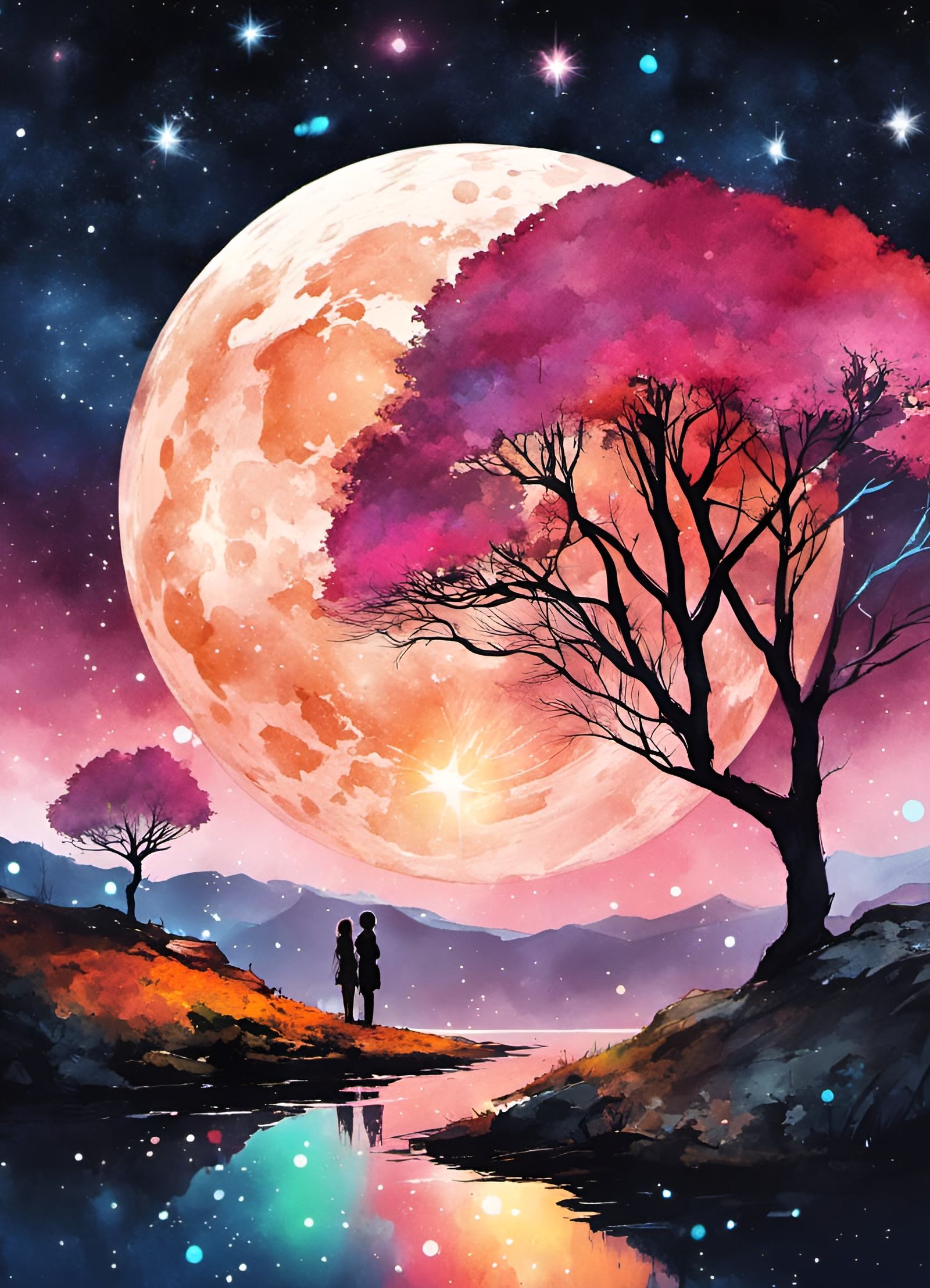 Anime Landscape with Friends Under Supermoon