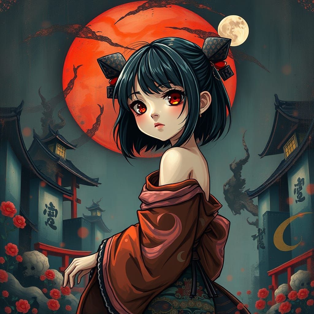 Kyoto Girl in Zen Garden: Impasto Oil Painting