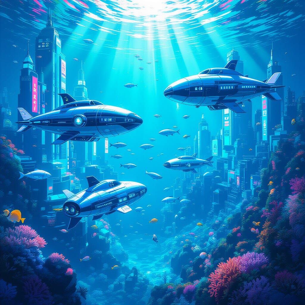 Bustling Underwater City in Anime Style