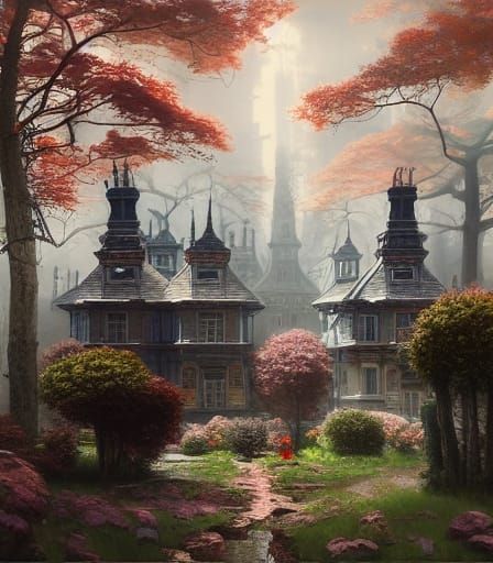 Victorian City Painting with Sinister Woods