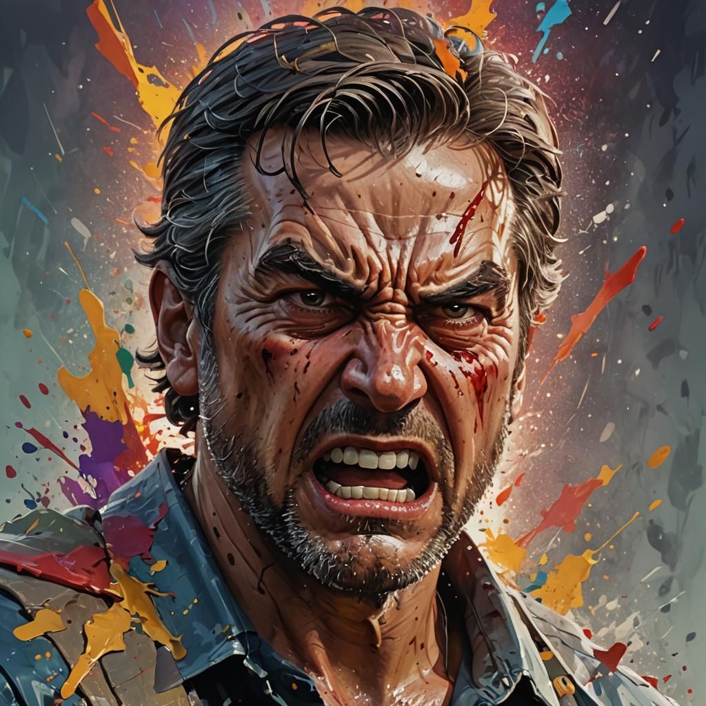 Hyperrealistic Portrait of an Angry Man in Splash Art