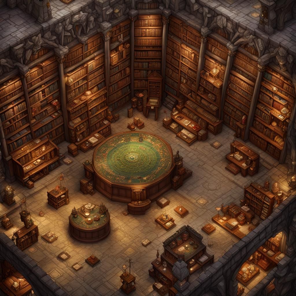 Fantasy Wizard's Library Battlemap in Top-Down View