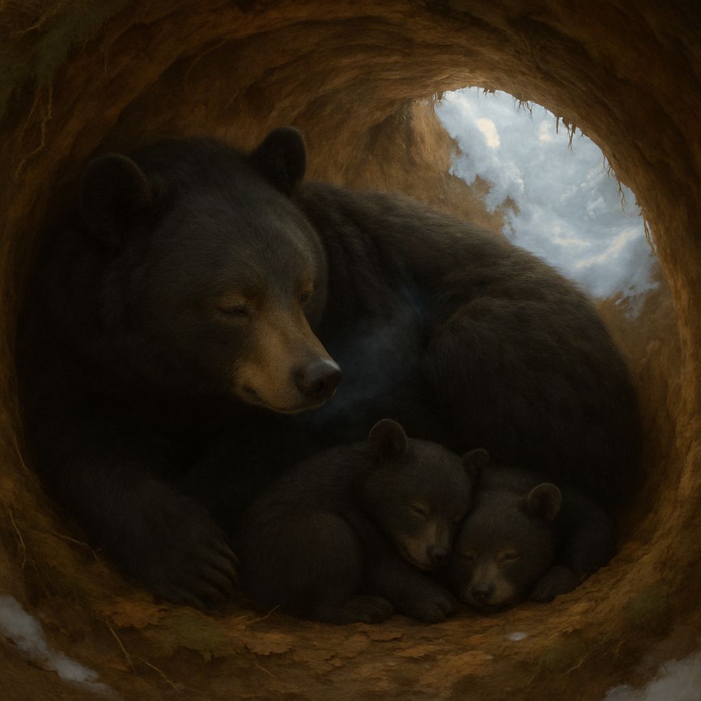 Black Bear Family Sleeping in Winter Den