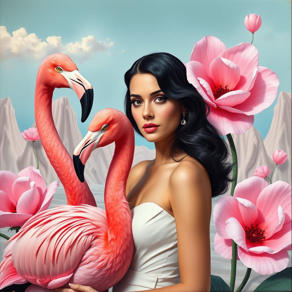 Elegant Woman in Dreamlike Setting with Flamingo and Pink Bl...