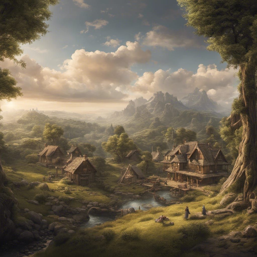 Peaceful Hobbit Family in the Shire's Riverside Haven