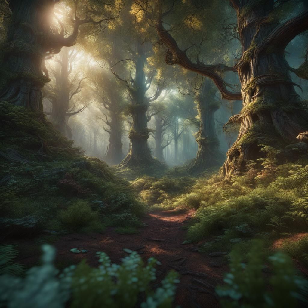 Sunlit Forest: Detailed Matte Painting in Deep Color