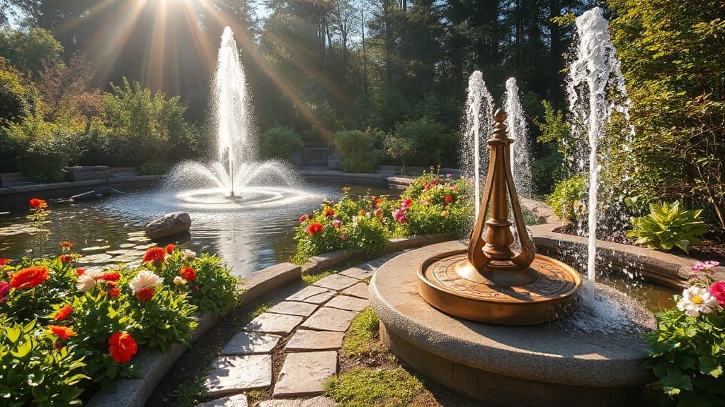 Garden Scene with Sundial, Koi Pond and Rainbow Mist