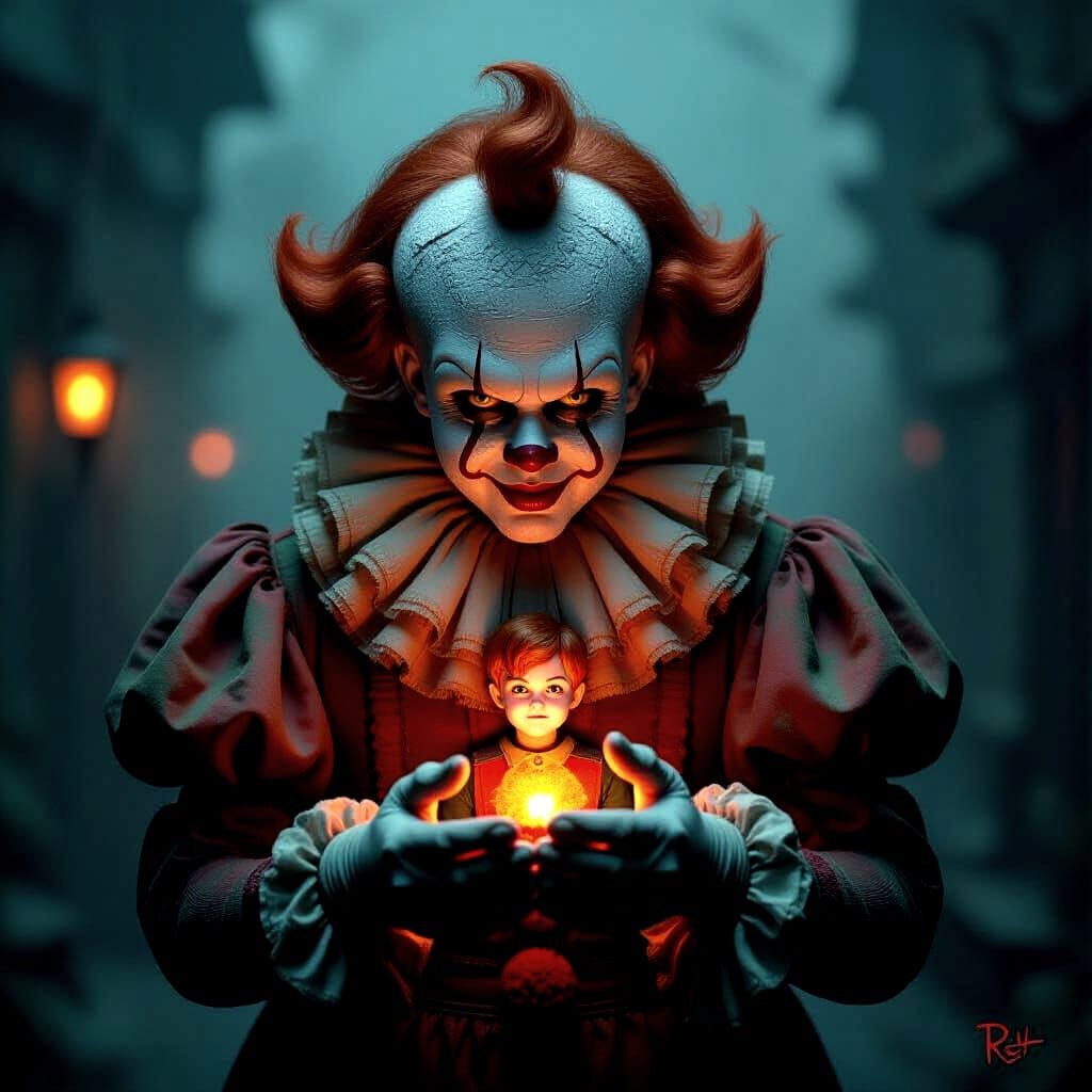 Haunting Clown With Robin in Eerie Glow