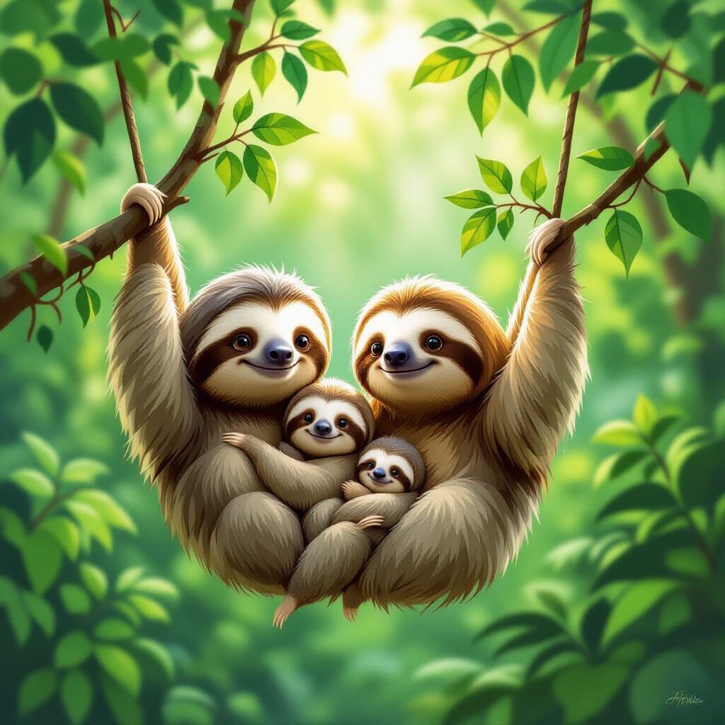 Heartwarming Sloth Family in Lush Rainforest