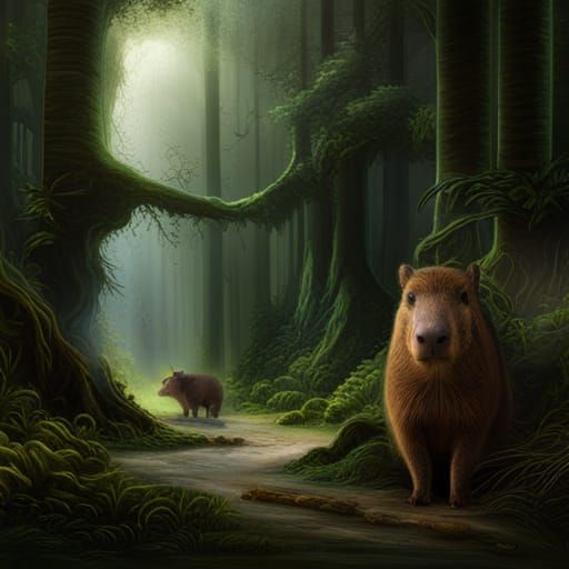 Capybara and Jaguar in Dramatic Forest Scene