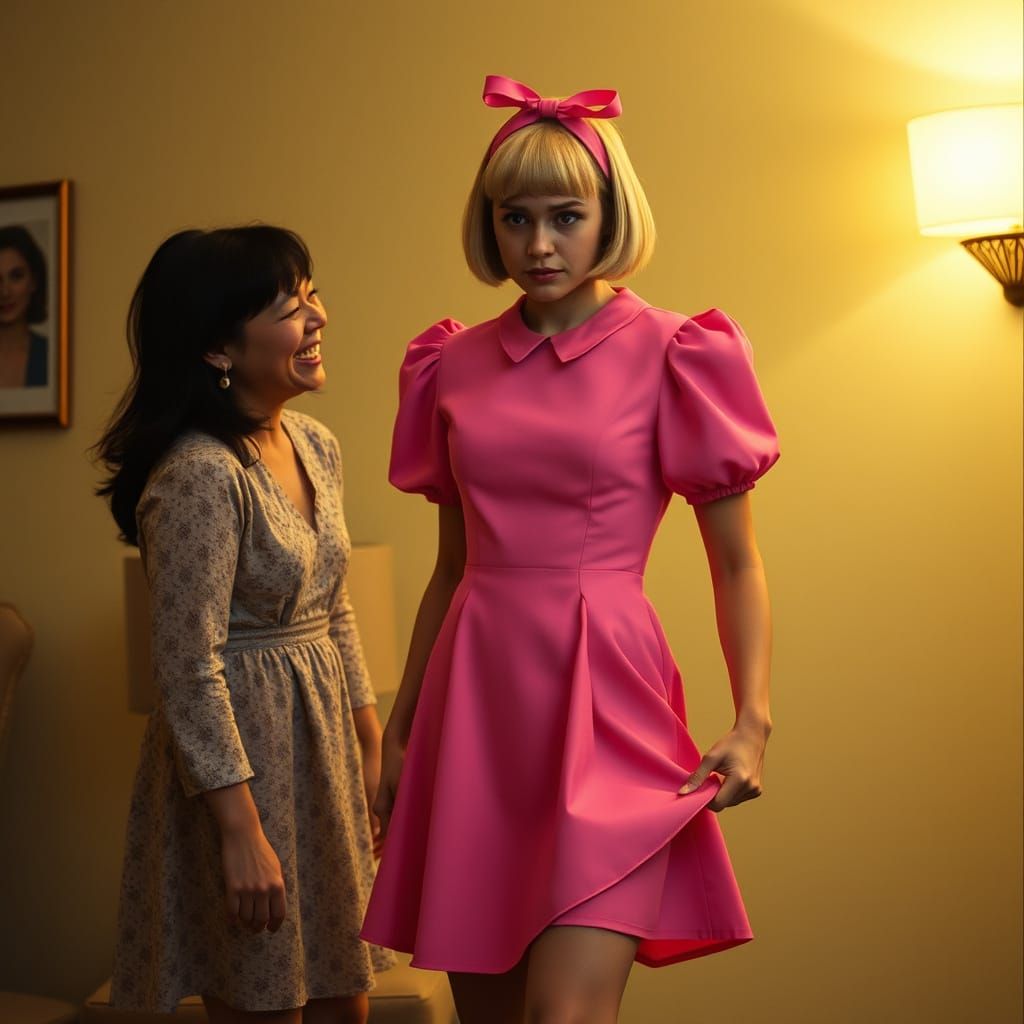 Crossdressing Man Surprised in Feminine Dress