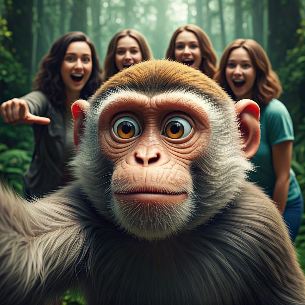 Monkey Takes Selfie in Whimsical Forest Scene