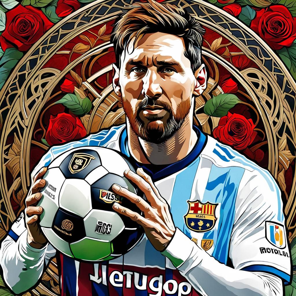 Lionel Messi  holding a football in watercolor Alphonse Much...