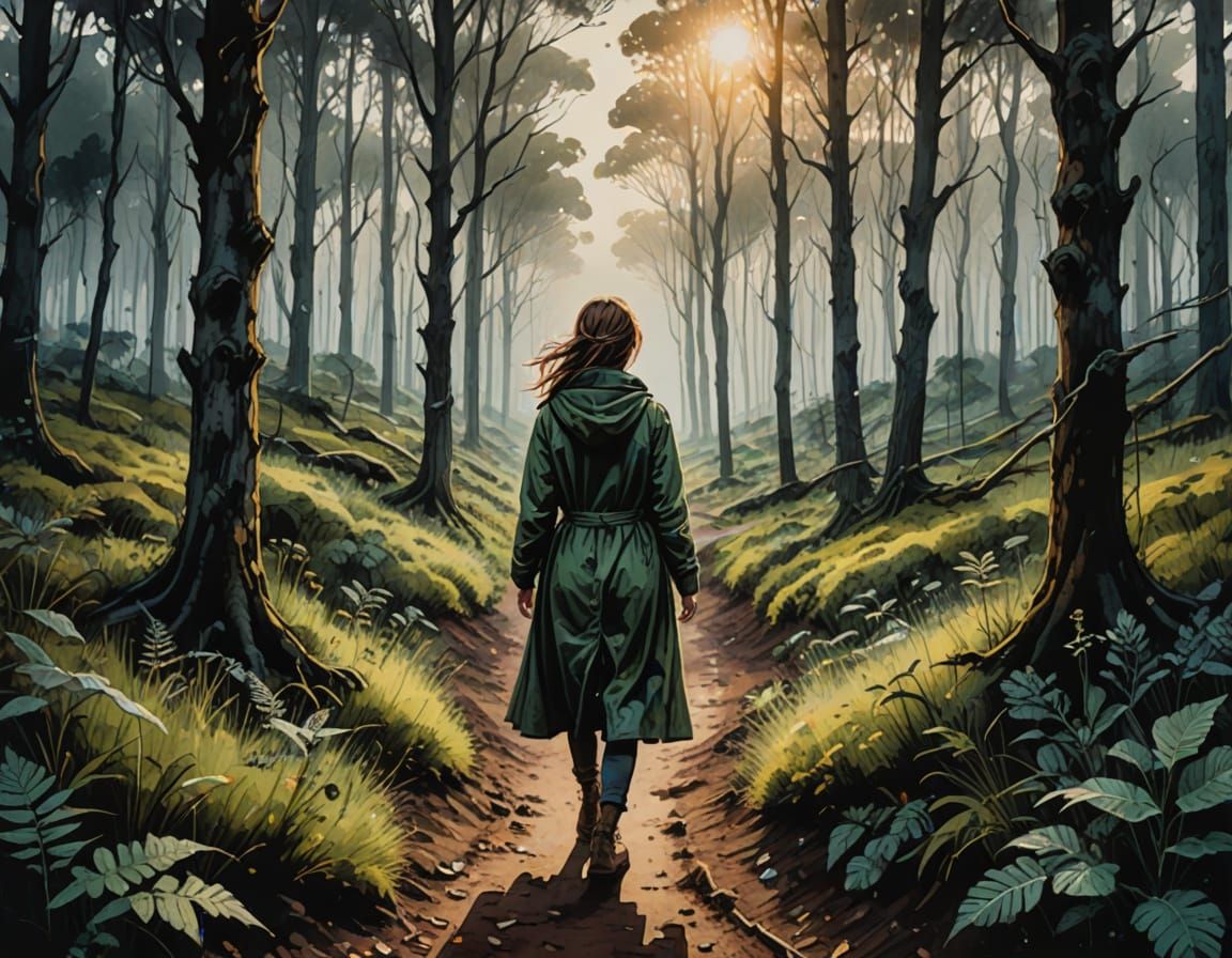 Ethereal Watercolor of a Woman Walking in a Forest