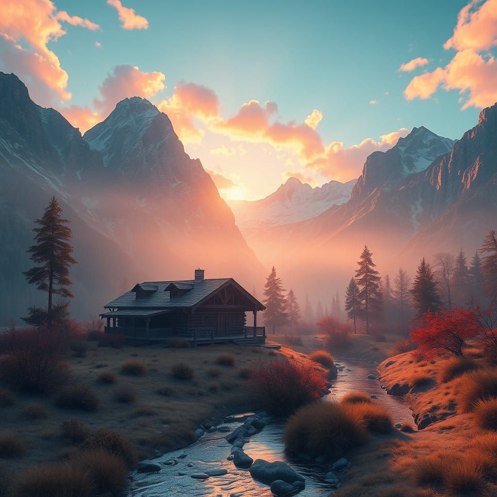 Serene Sunrise Mountain Retreat in Stunning Realism