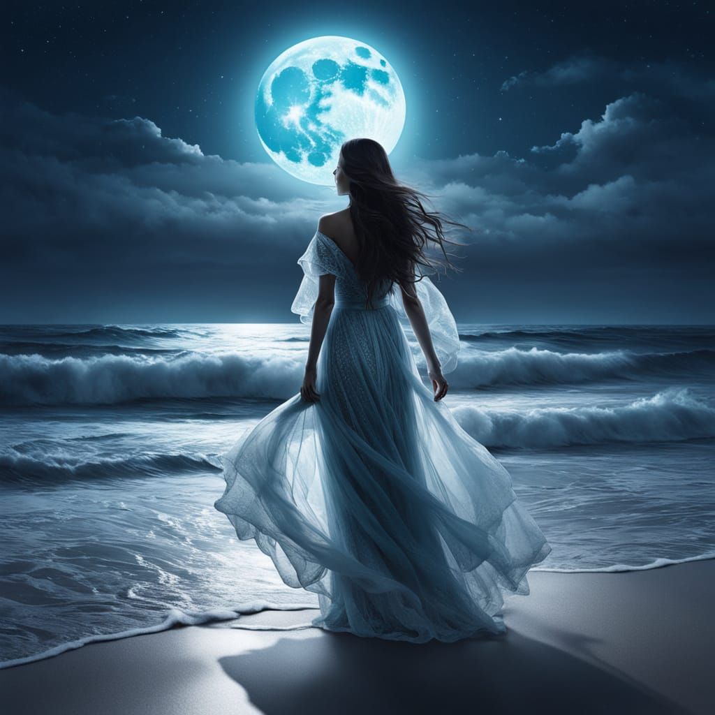 Double Exposure: Woman, Ocean, and Full Moon