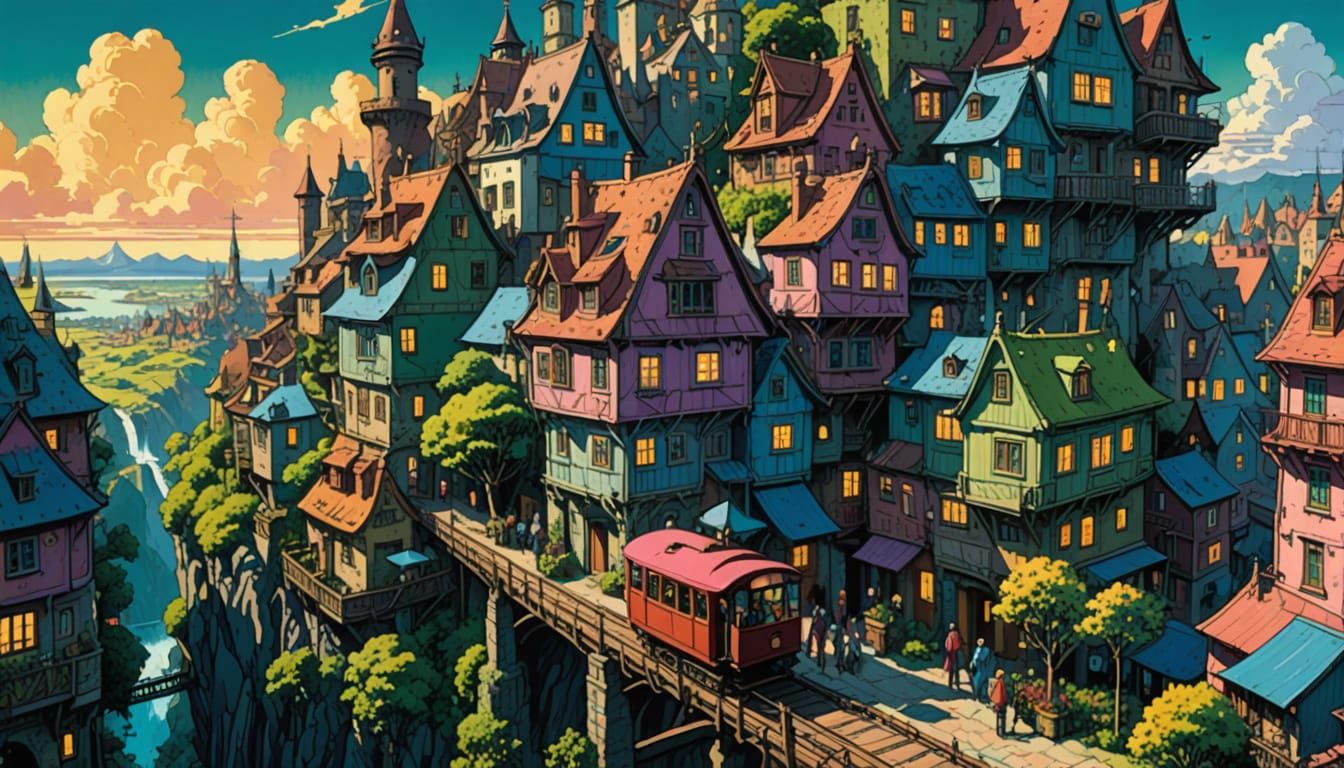 Future City Skyride in Comic Book Watercolor Style