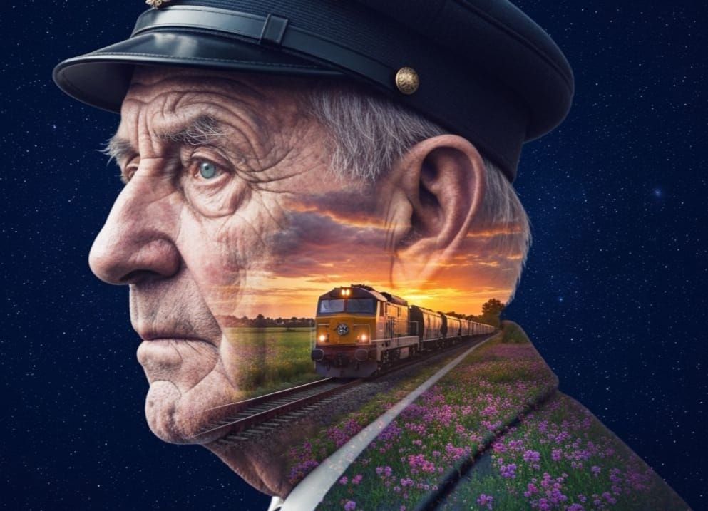 Surreal Double Exposure of Elderly Train Conductor