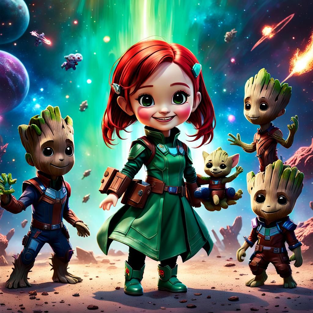 Anime Girl Dressed as Nebula with Baby Groot Plush