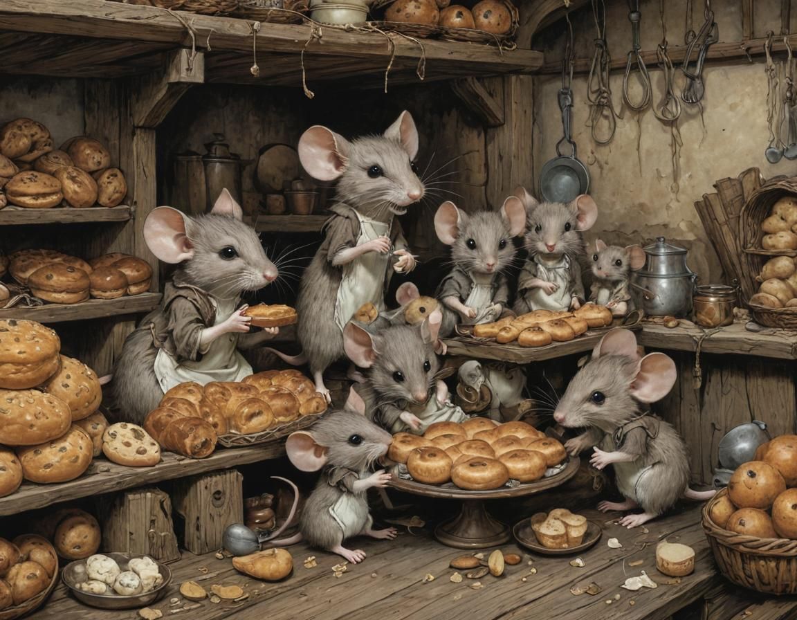 Mouse Family in Bakery, Expressive Fantasy Illustration