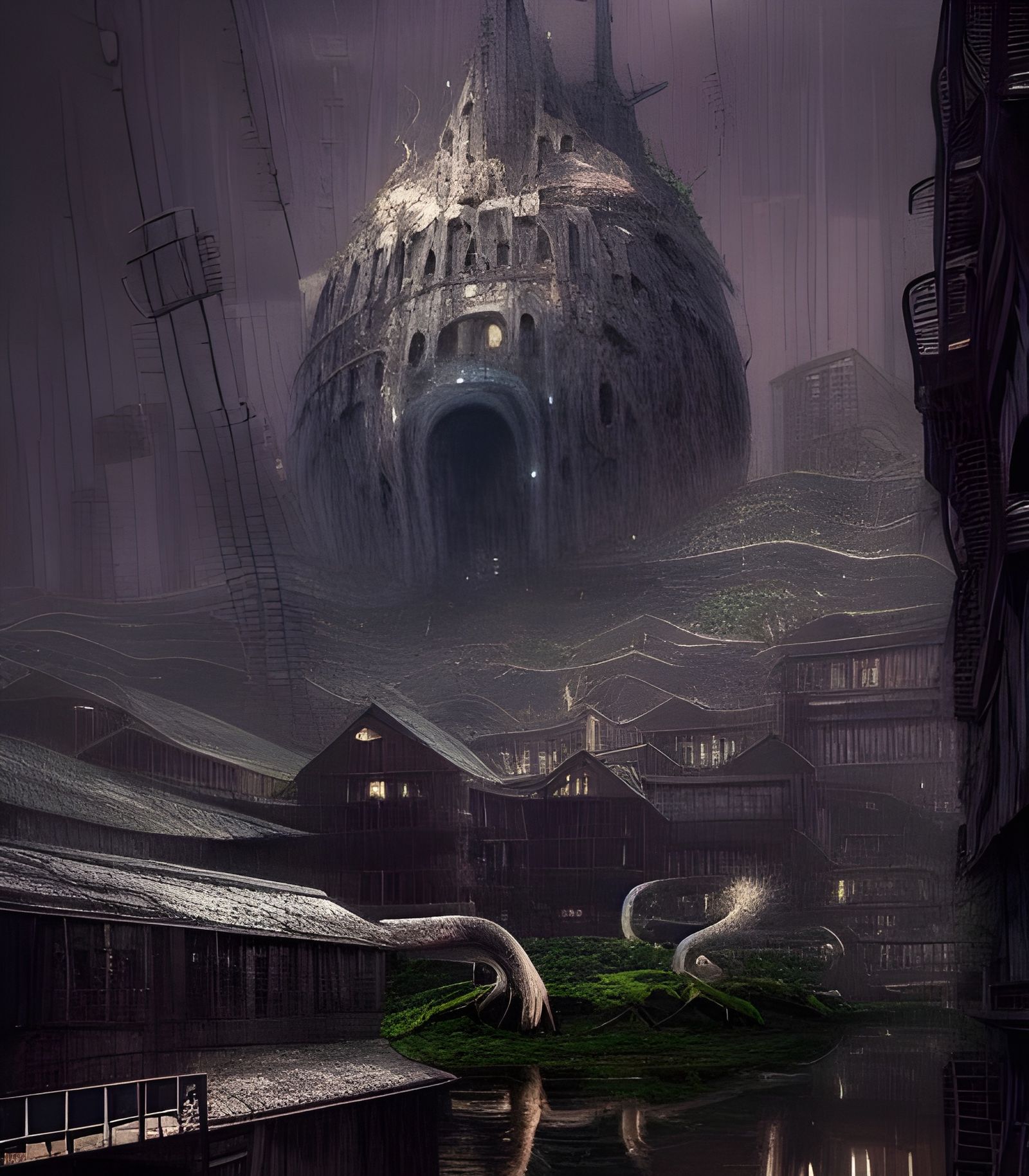 Epic Biopunk City in Studio Ghibli Horror Style