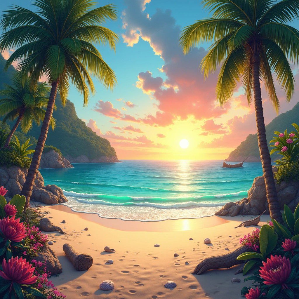 Vibrant Sunrise Beachscape in Matte Painting Style