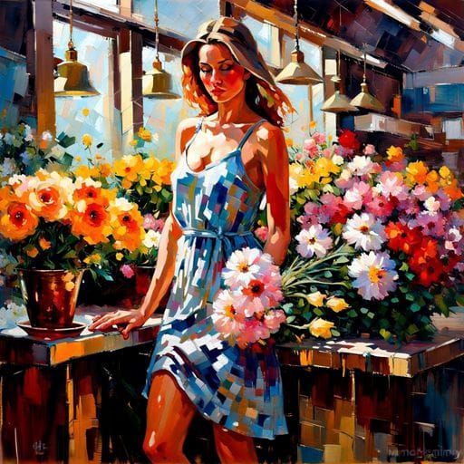 Woman with Flowers: Impressionist Oil Painting