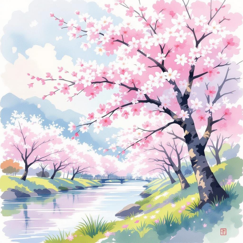 Watercolor Cherry Blossoms in Spring, Hand-Drawn Style