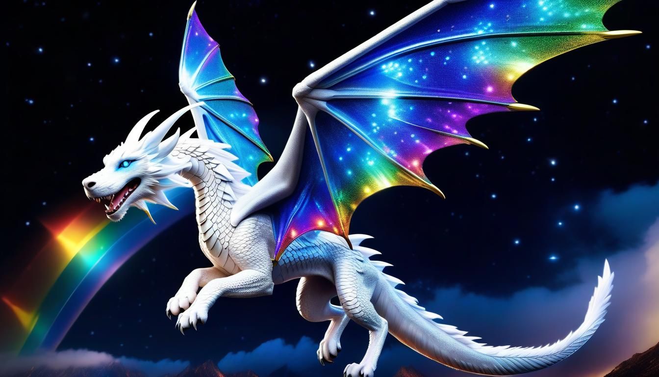 Rainbow Scaled Dragon Soaring Through Stars